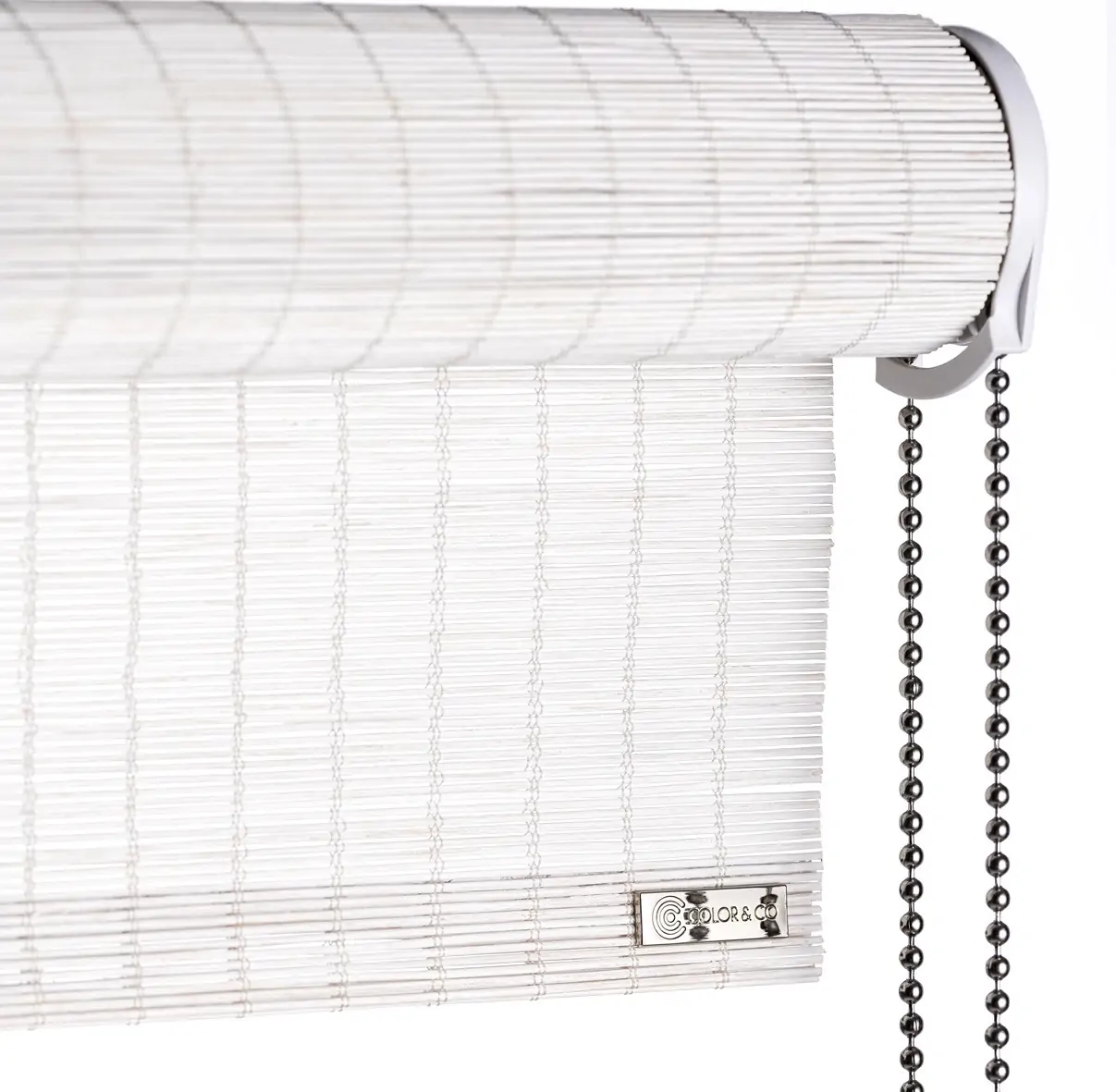 White fine bamboo roller blind with chain pull