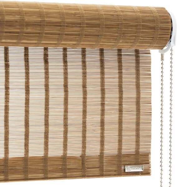 Brown bamboo roll-up window shade with pull chains on the right side for operation